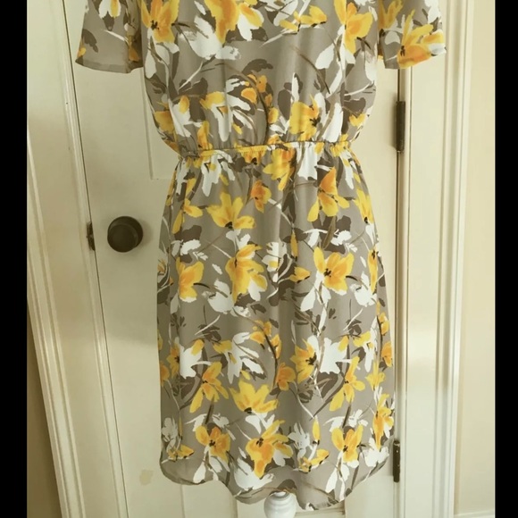 Floral Choker Collar Surplice V Elastic Waist Day Dress Peach Love S Grey Yellow - Picture 9 of 16